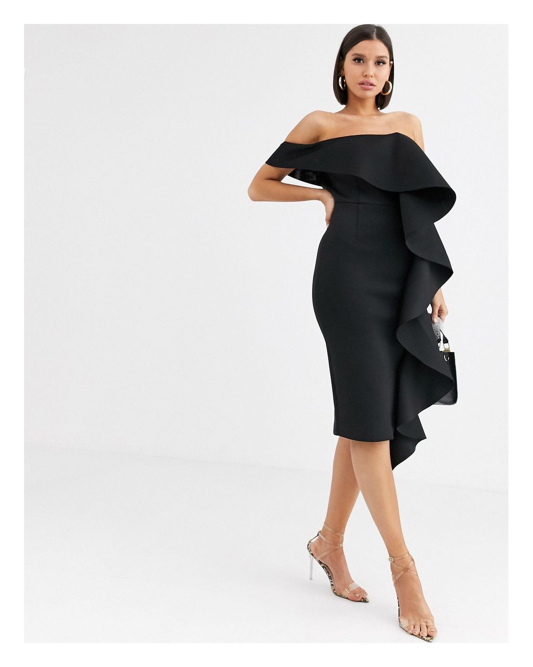 Lavish Alice One Shoulder Bardot Frill Scuba Midi Dress in Black Lyst UK