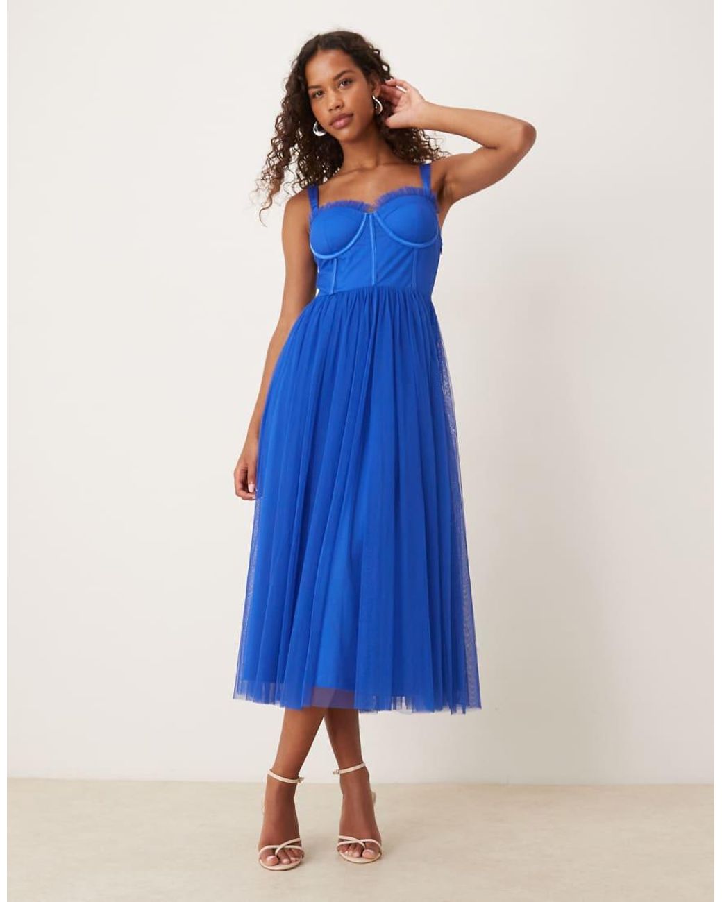 LACE & BEADS Blue Tulle Corset Midi Dress
