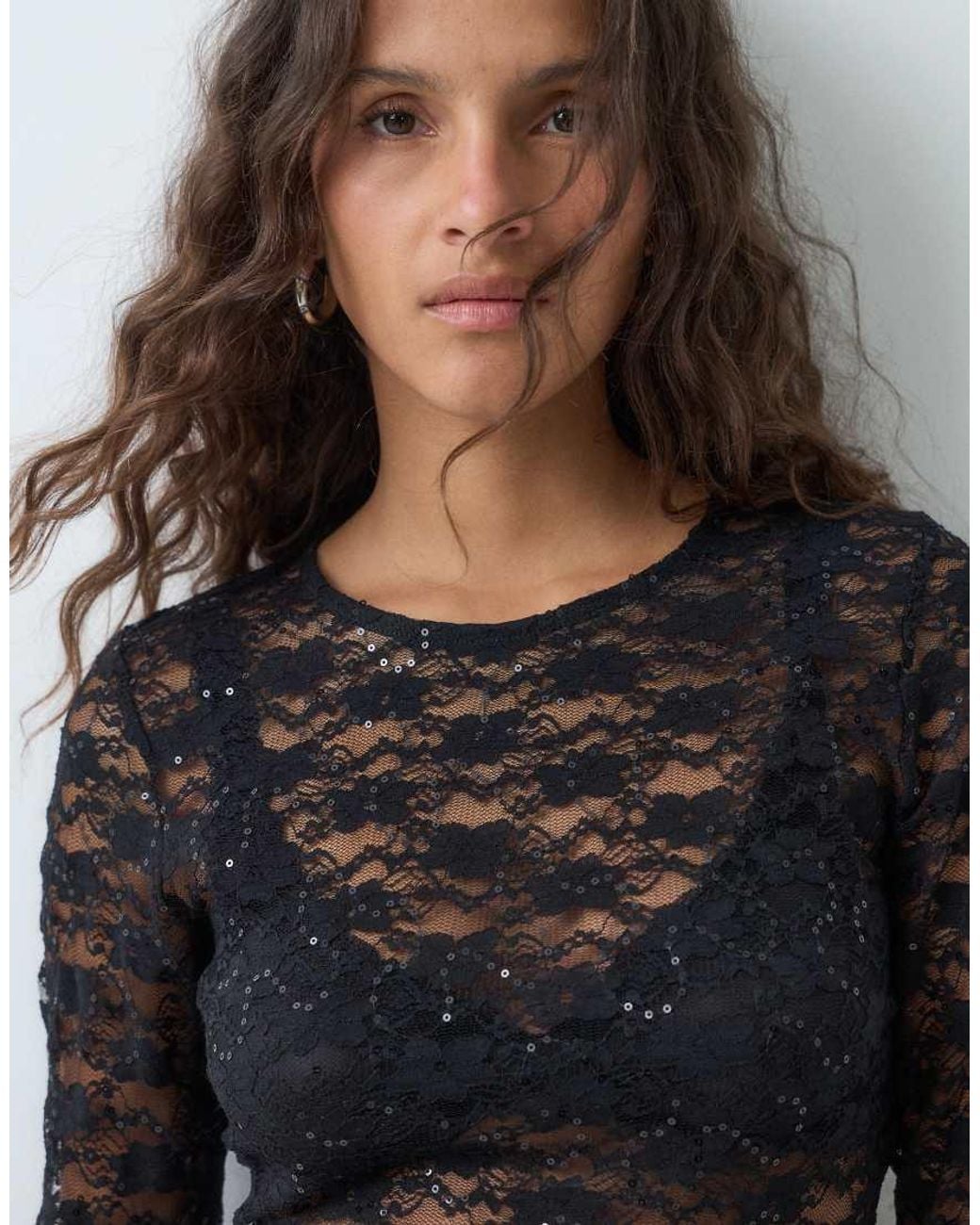 JJXX Blue Long Sleeve Sequin Lace Top