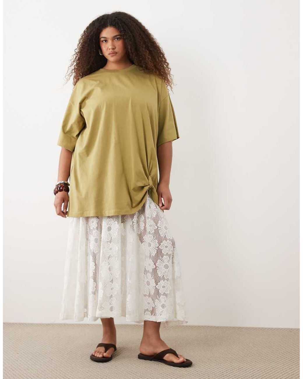 ASOS White Asos Design Curve Oversized Graphic Tee With Lace Cami Underdress