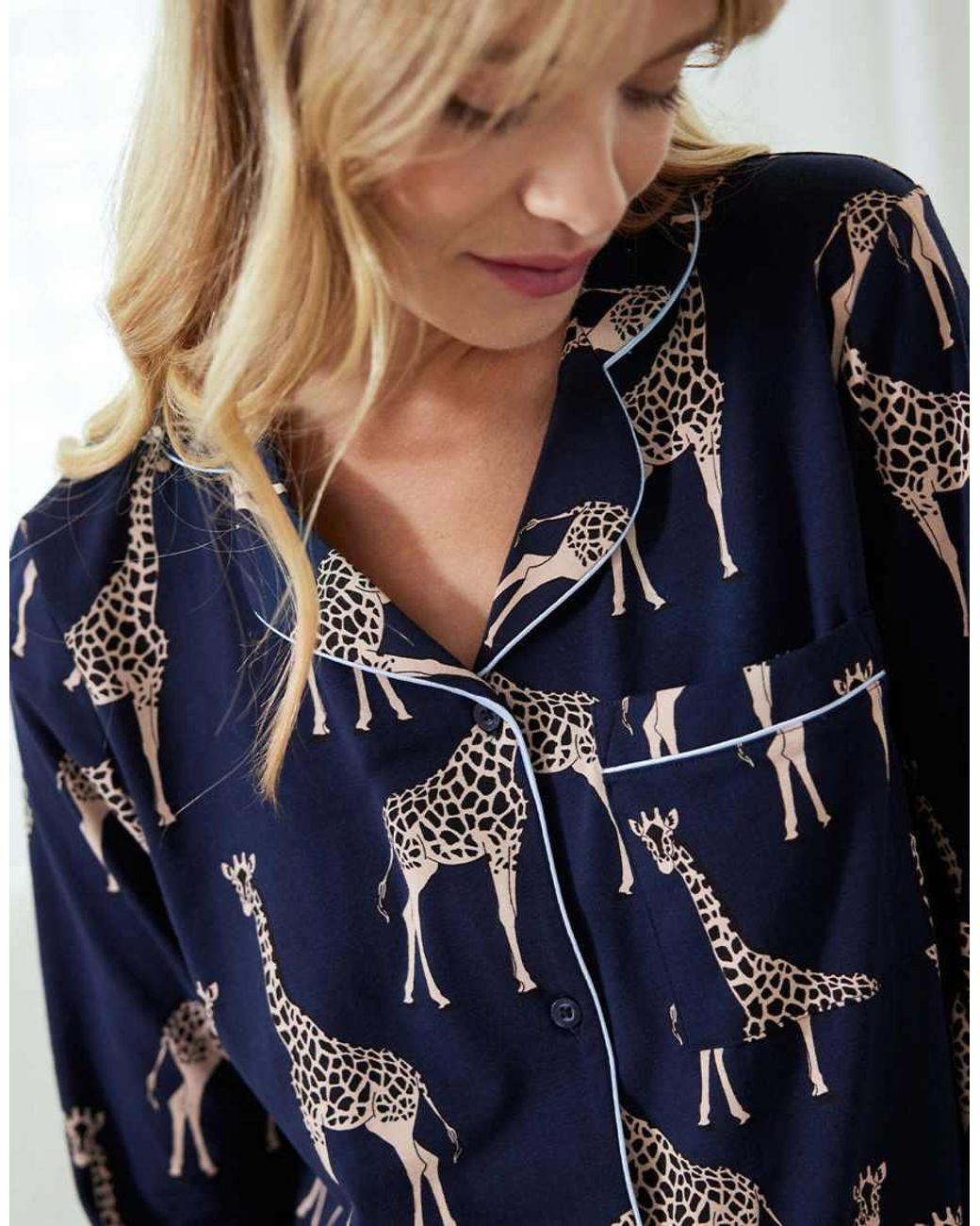 Chelsea Peers Blue Cotton Giraffe Print Long Pyjama Set