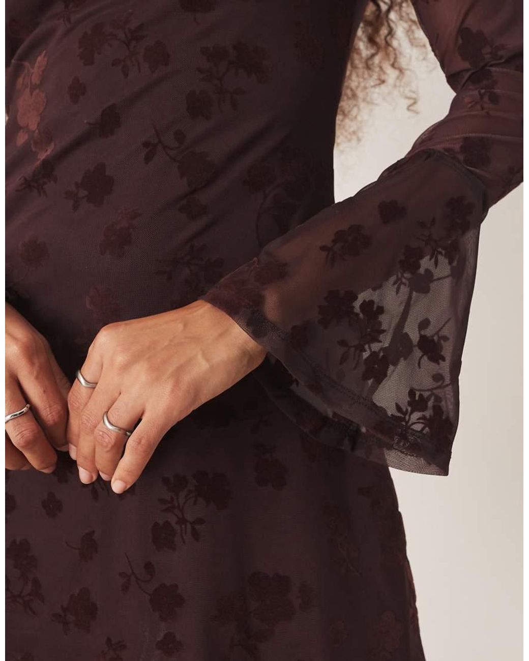 ASOS Brown Flocked Floral Mini Dress With Flute Sleeve