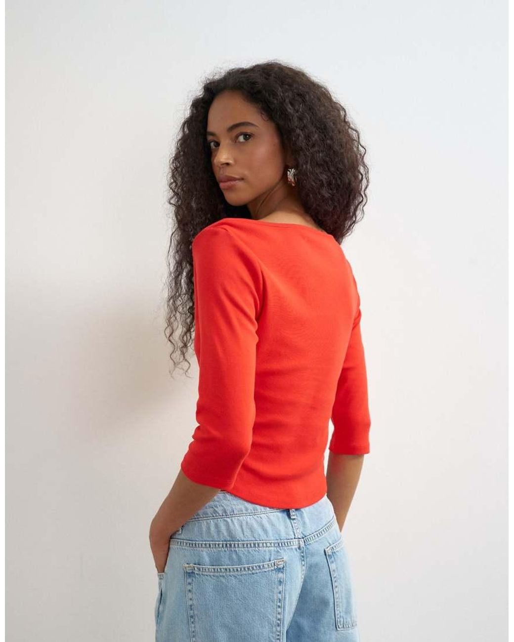 TOPSHOP Red Slash Neck Curve Hem Top