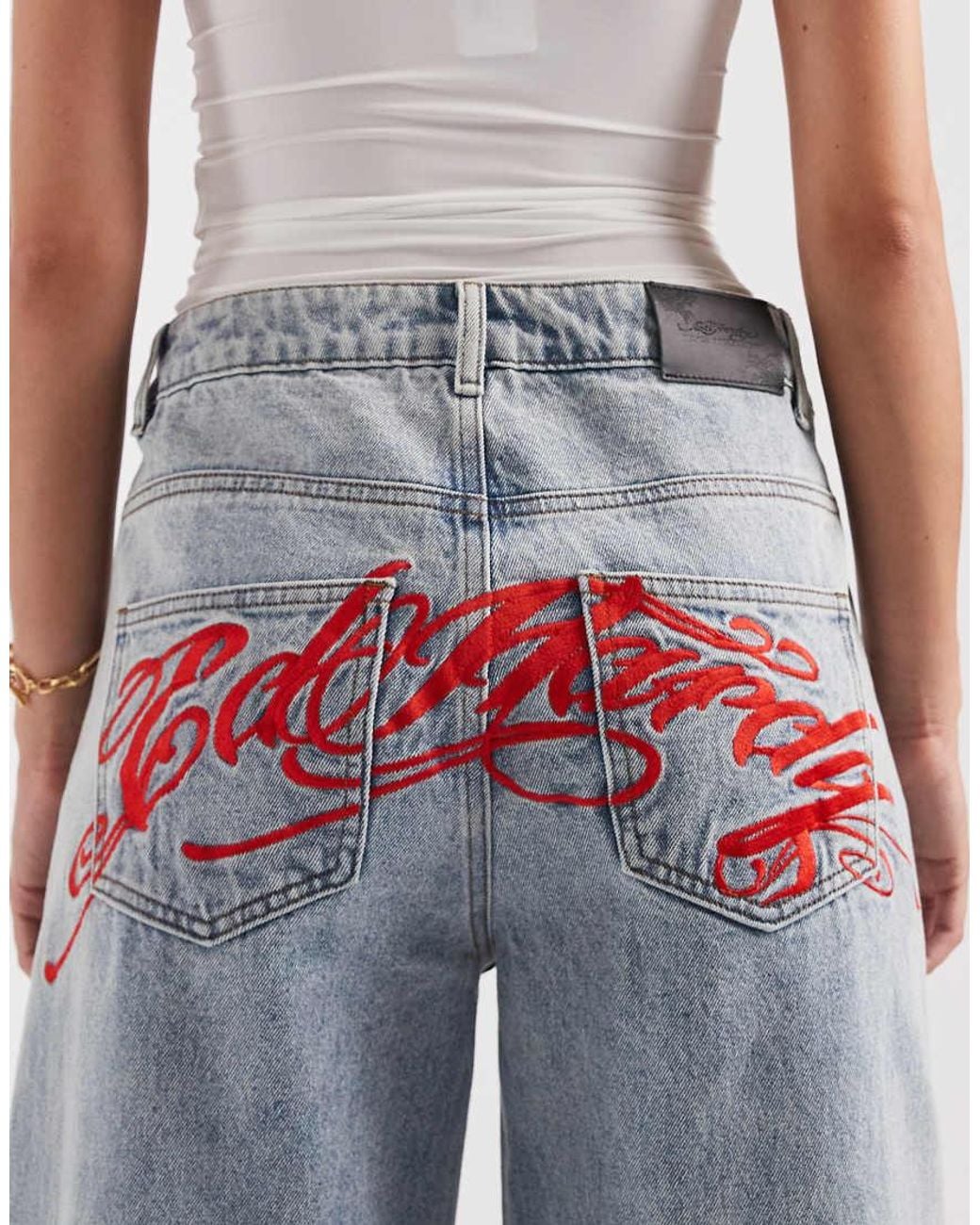 Ed Hardy Blue Cherry Skull Side Print Jeans
