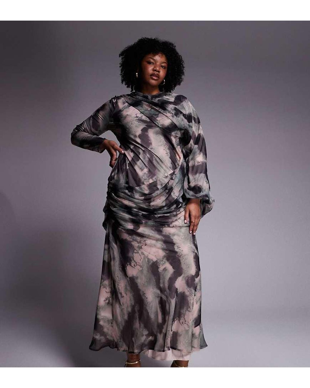ASOS Gray Asos Design Curve Drape Front Blouson Sleeve Maxi Dress