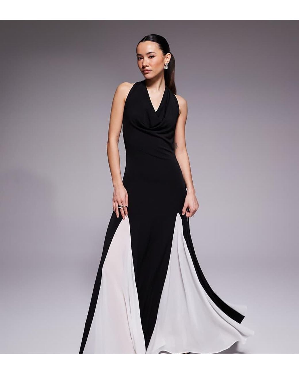 TFNC London Black Halter Neck Chiffon Contrast Godet Maxi Dress