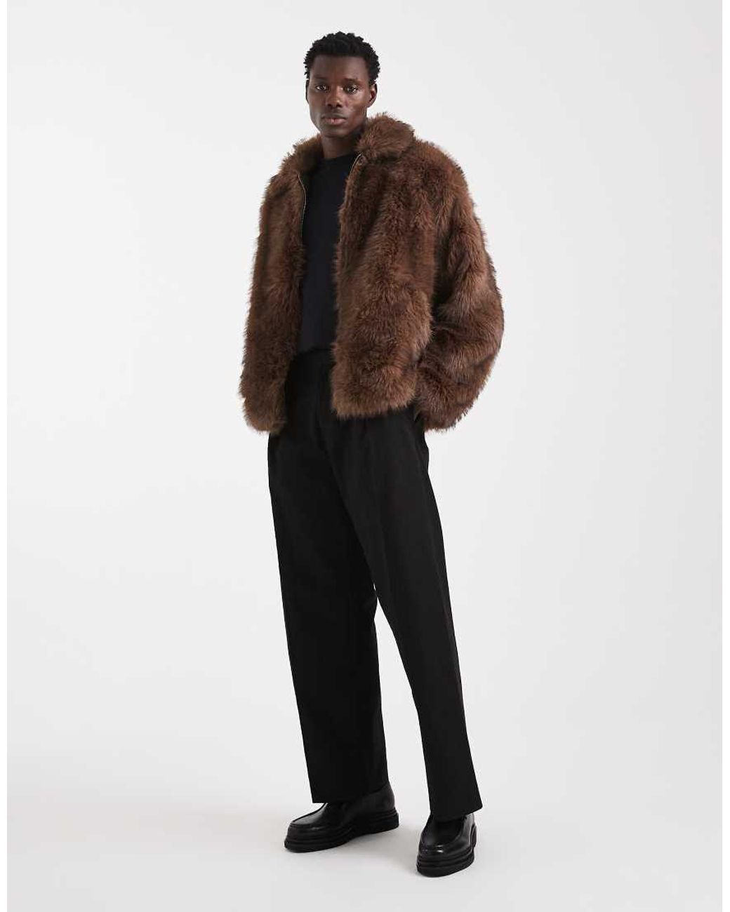 ASOS Brown Faux Fur Harrington Jacket for men