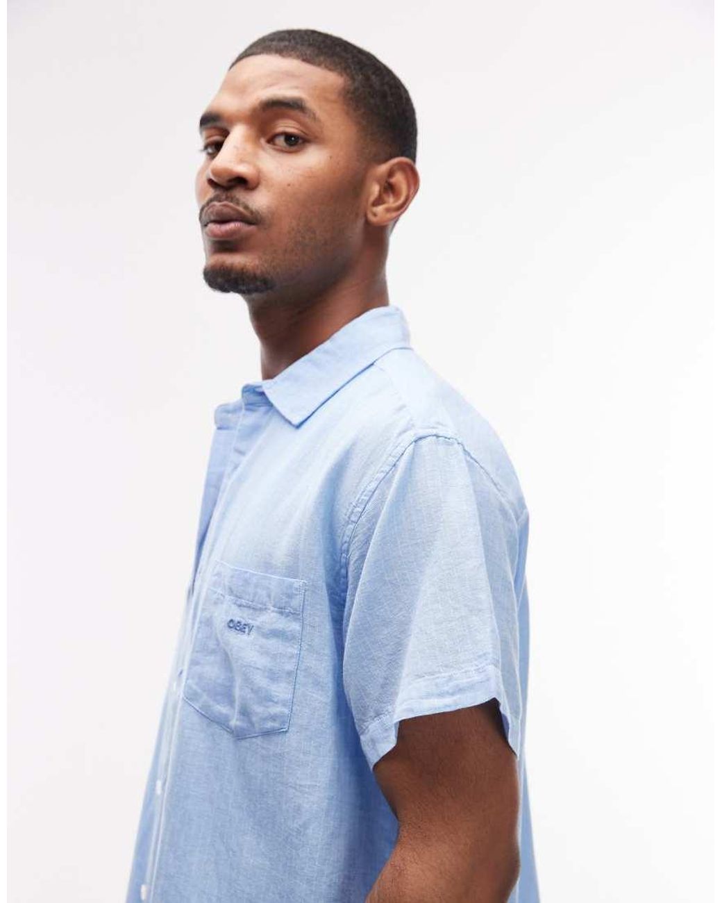 Obey Blue Barry Woven Linen Mix Short Sleeve Shirt for men