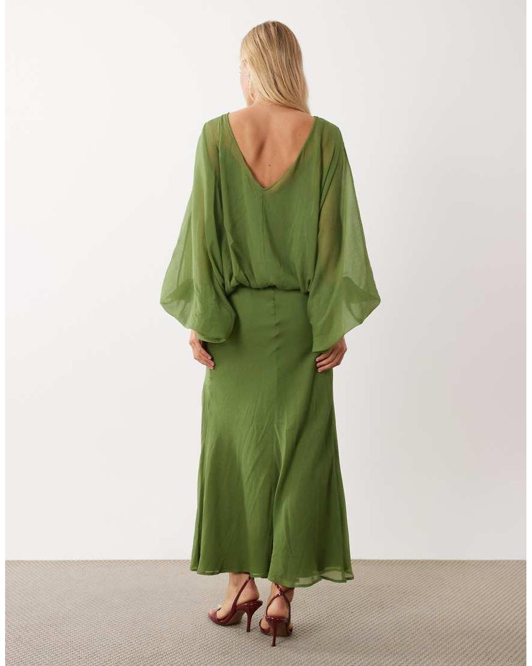 ASOS Green Balloon Sleeve Blouson Waist Maxi Dress