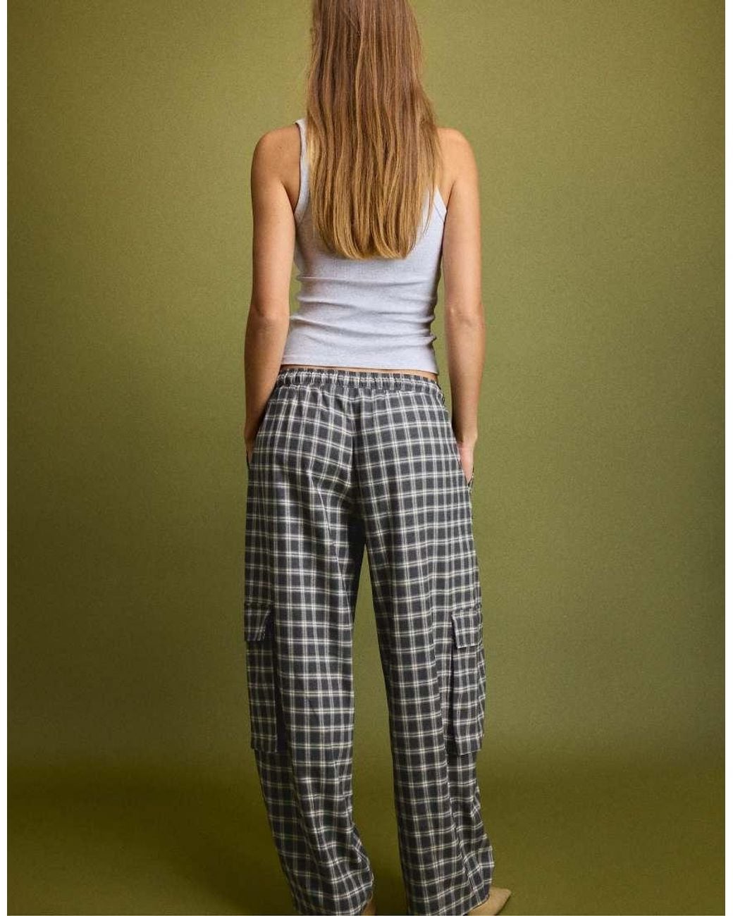 Stradivarius Green Checked Smart Cargo Trousers