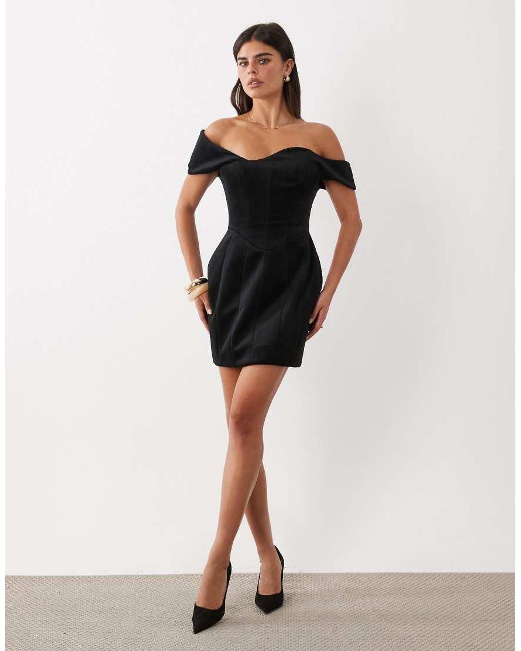 ASOS Black Wired Neckline Off The Shoulder Velvet Mini Dress With Tulip Hips
