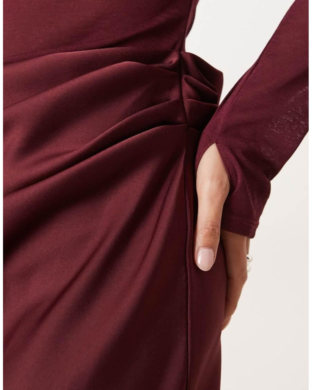 ASOS Red Asos Design Petite Sheer High Neck Bodice Drape Satin Maxi Dress