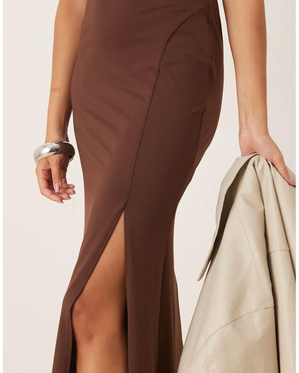ASOS Brown Cap Sleeve Ruched Side Midi With Front Split