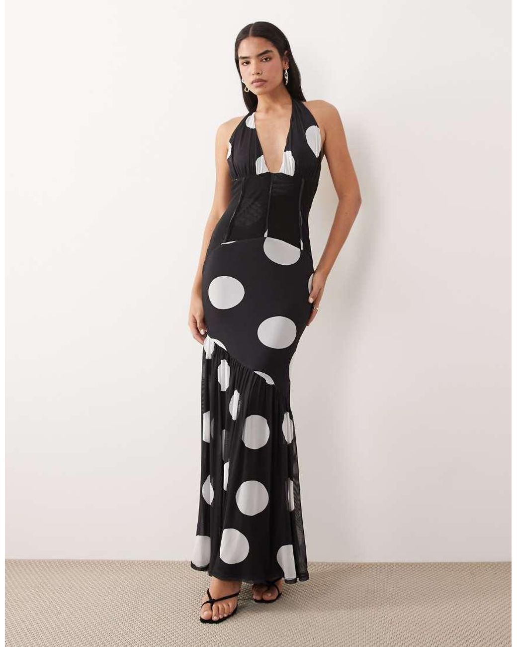 ASOS Black Polka Dot Cinched Waist Corset Detail Maxi Dress With Fishtail Hem