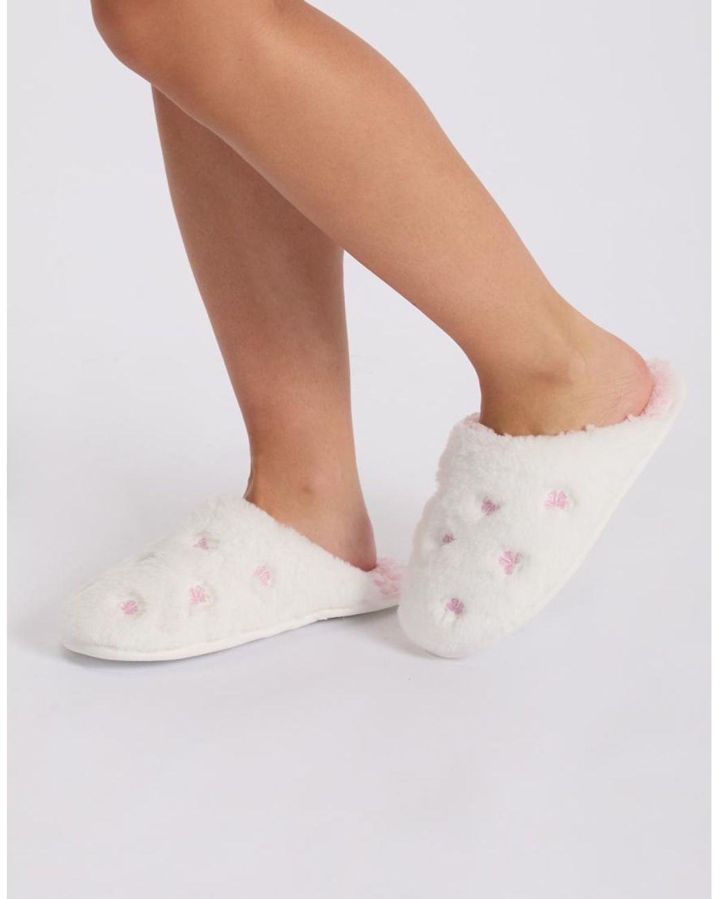 Boux Avenue White Bow Embroidered Fluffy Mule Slippers Soft Cosy Loungewear
