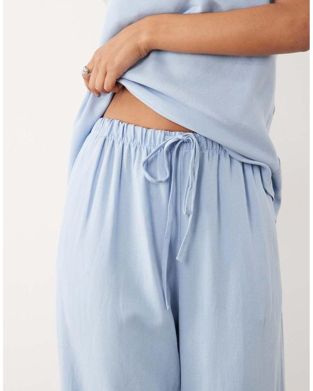 ASOS Blue Linen Blend Wide Leg Pull On Trouser