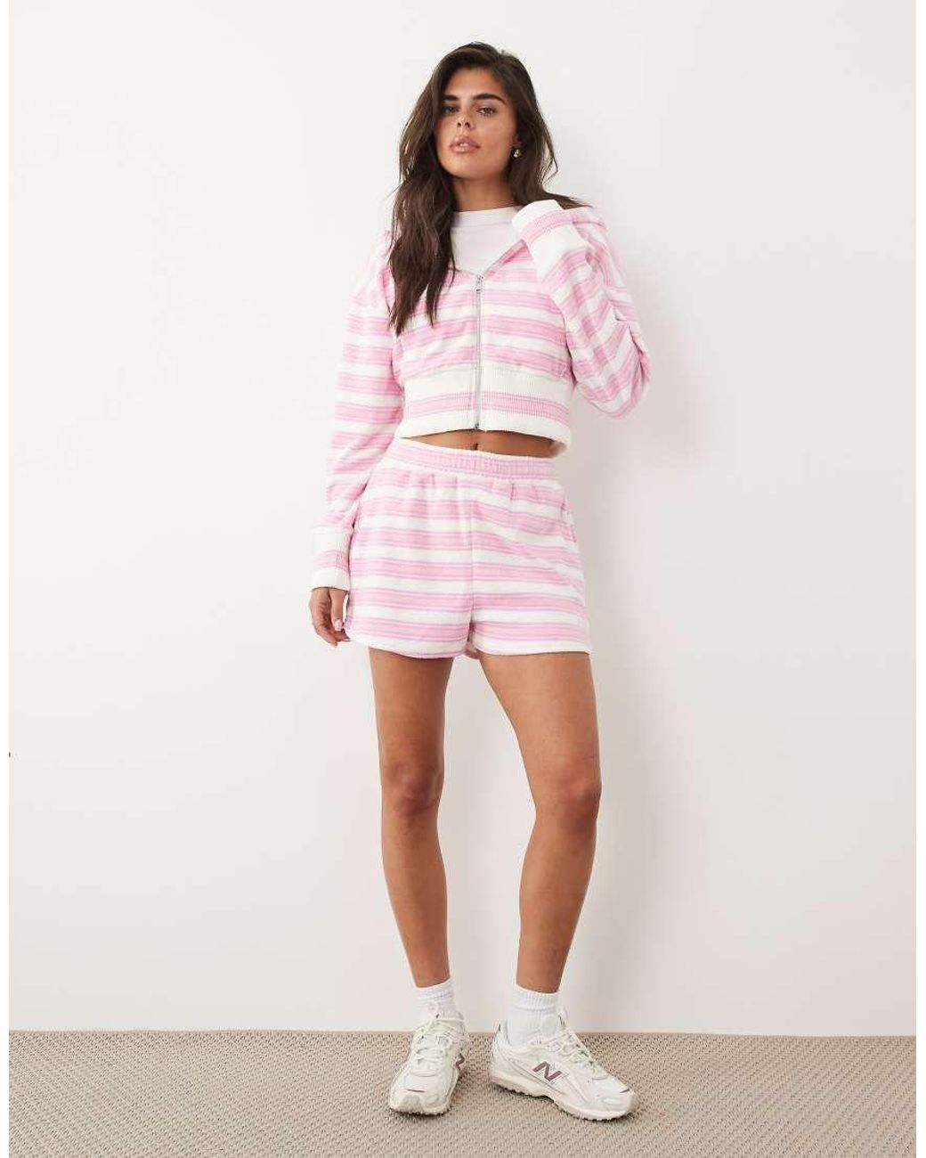 Kaiia Pink Cotton Rich Embroidered Logo Oversized Zip Up Side Stripe Towelling Hoodie Co-ord