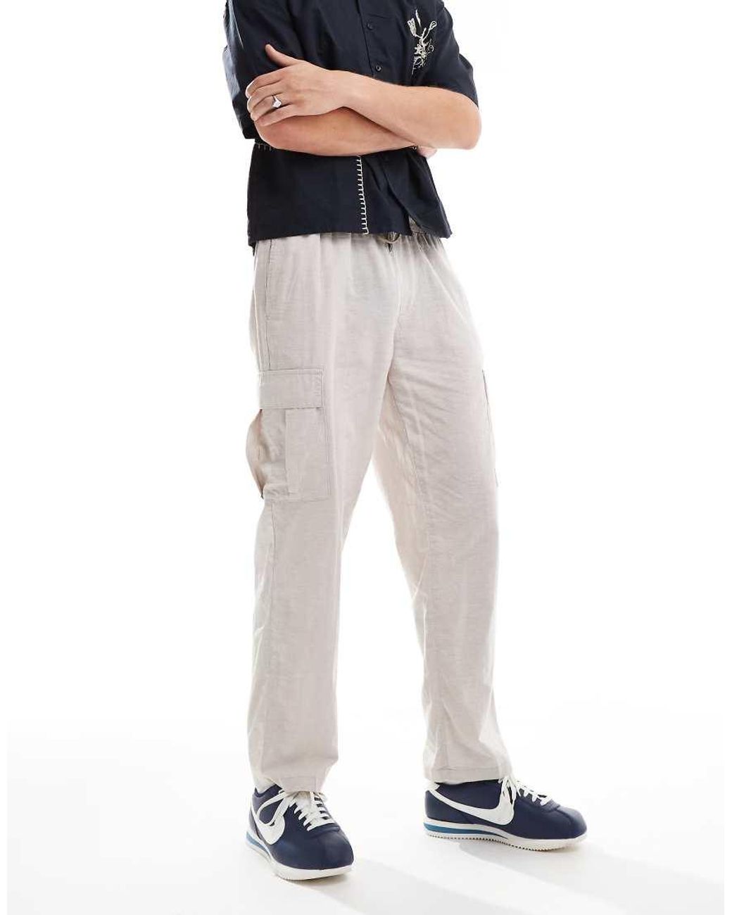 Jack & Jones White Tapered Linen Trouser With Cargo Pockets for men