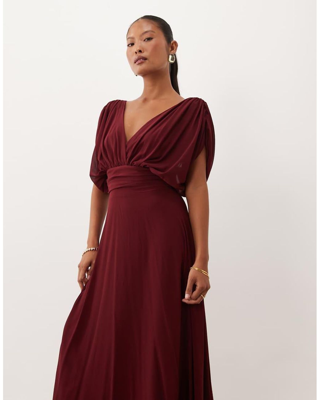 TFNC London Red Tfnc Bridesmaid Petite Chiffon V-neck Draped Sleeve Pleated Maxi Dress