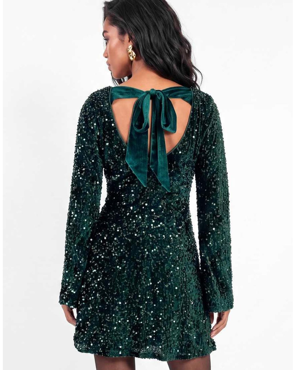 Lovedrobe Green Embellished Velvet Tie-Back Swing Mini Dress