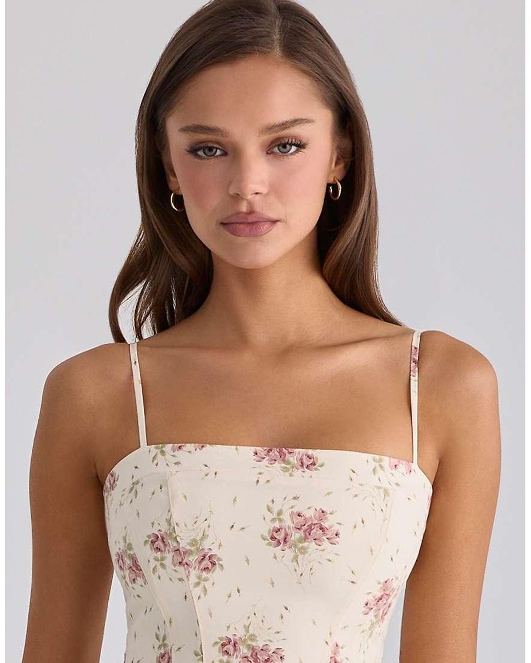 House Of Cb Natural Dolly Ivory Vintage Rose Print Cotton Flared Mini Sundress