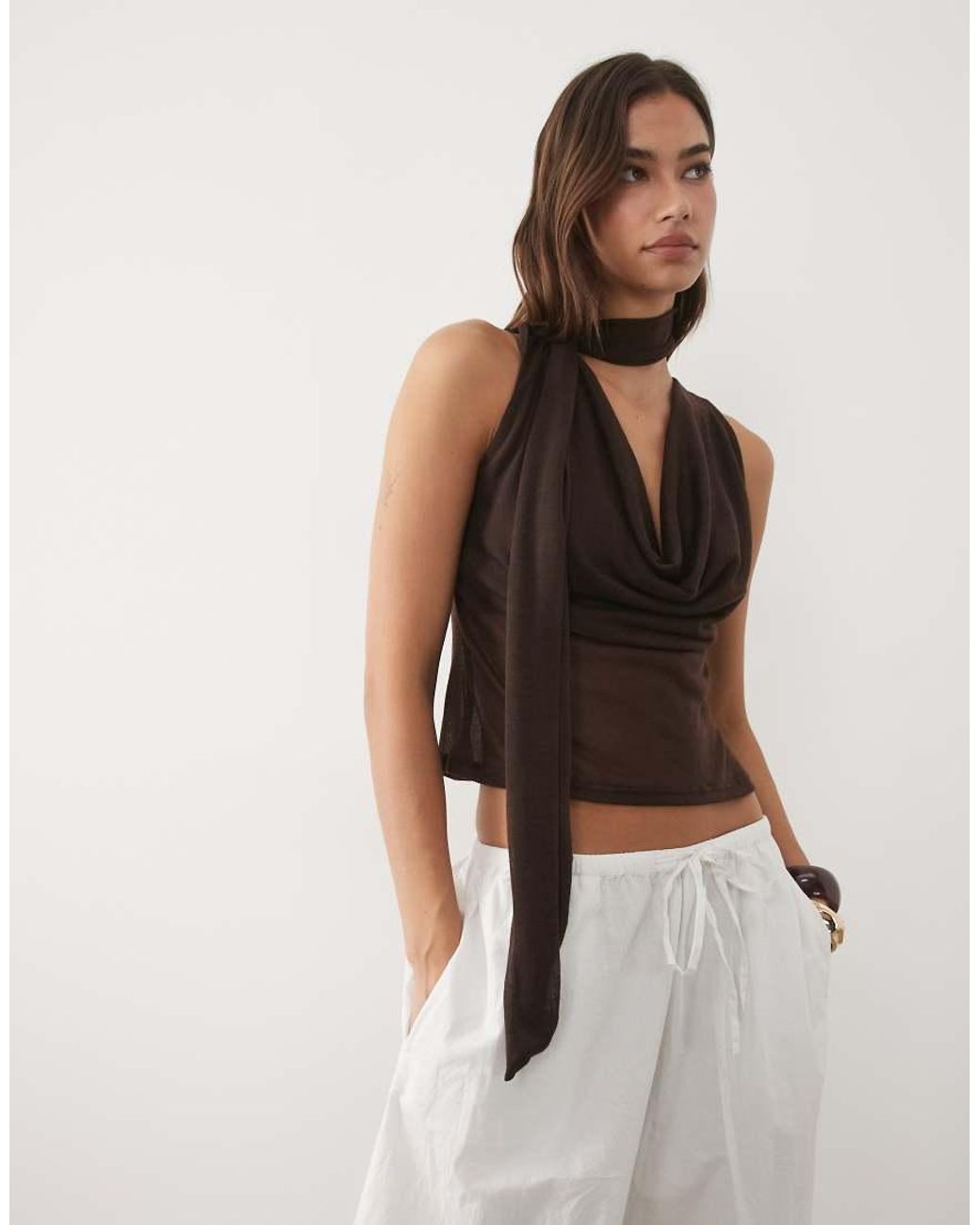 ASOS Brown Semi Sheer Knit Look Cowl Scarf Neck Tank Top