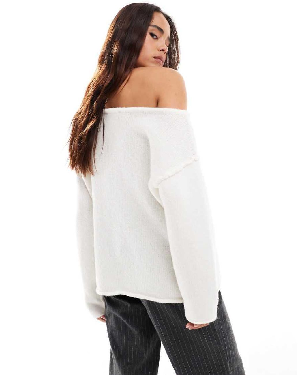Miss Selfridge Asym Off The Shoulder Slouchy Cosy Knit Jumper in White Lyst UK