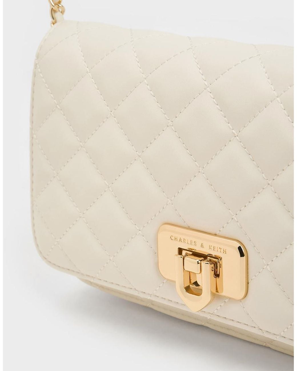 Charles & Keith Natural Cressida Quilted Push-Lock Clutch