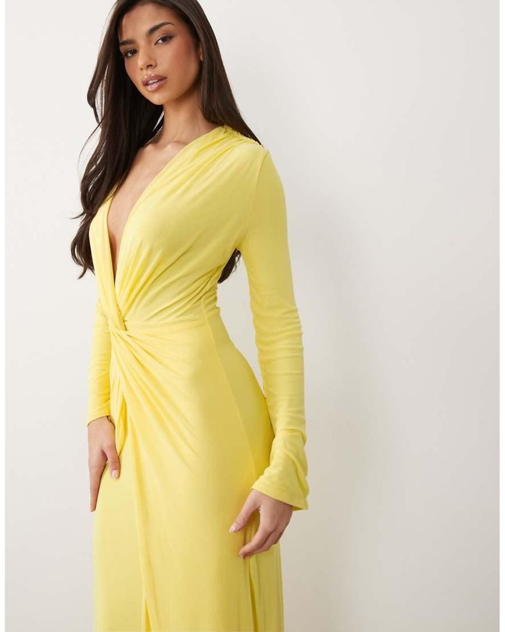 ASOS Yellow Mesh Deep Plunge Long Sleeve Maxi Dress With Twist Knot Detail