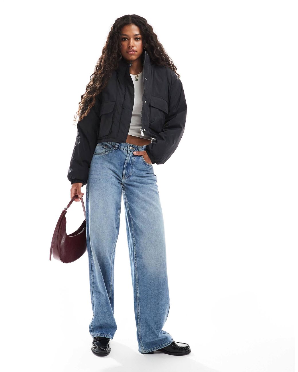 Brave Soul Blue Funnel Neck Short Padded Jacket With Pockets