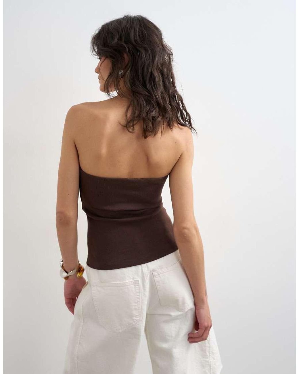 TOPSHOP Brown Bandeau Button Detail Top