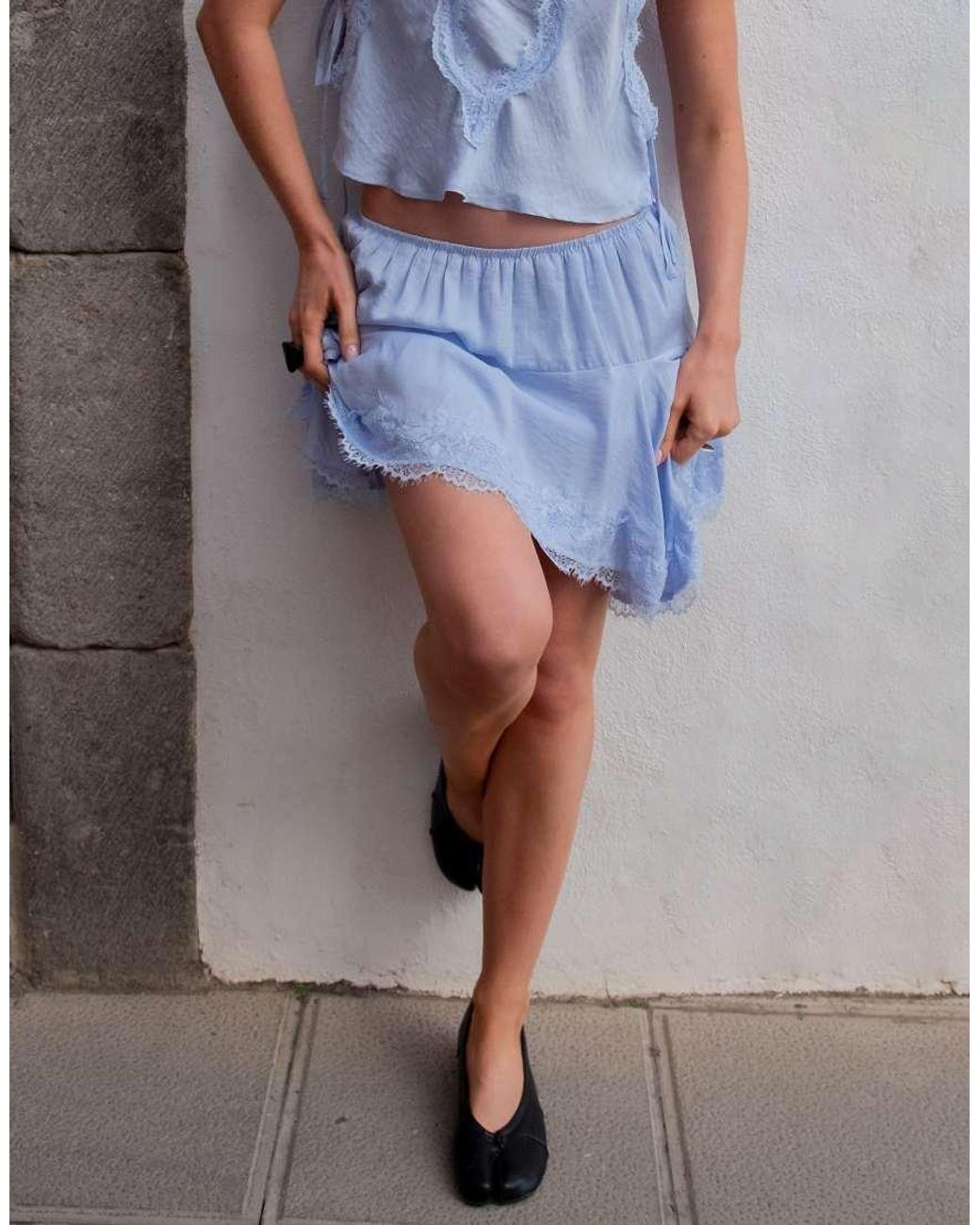 Daisy Street Blue X Emma Jean Boho Satin Mini Skirt With Lace Detailing
