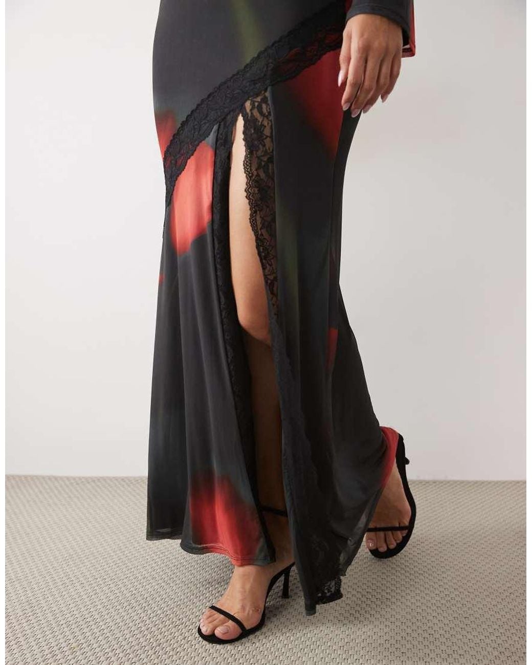 ASOS Black Printed Floral Mesh Maxi Mesh With Spliced Lace Trim And Flute Sleeves Dress