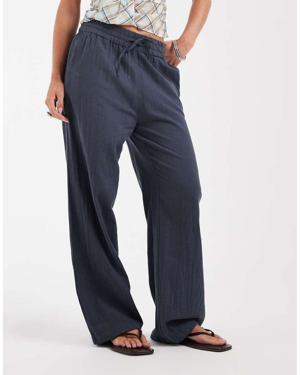 Only Petite Blue Wide Leg Linen Look Trousers