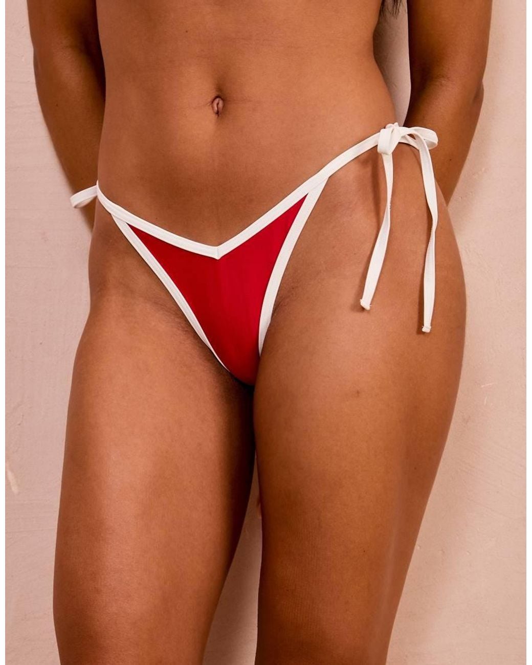 Wolf & Whistle Red Fuller Bust X Georgia Bayliss Tieside Bikini Bottoms With Contrast Trim