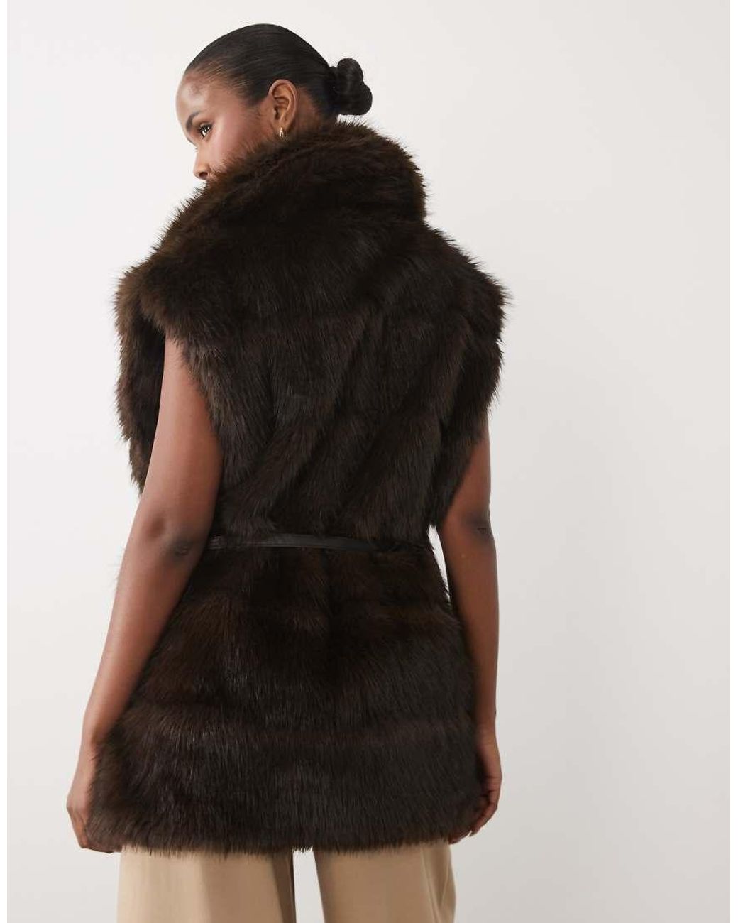 Bardot Brown Faux Fur Longline Gilet With Belt Detail
