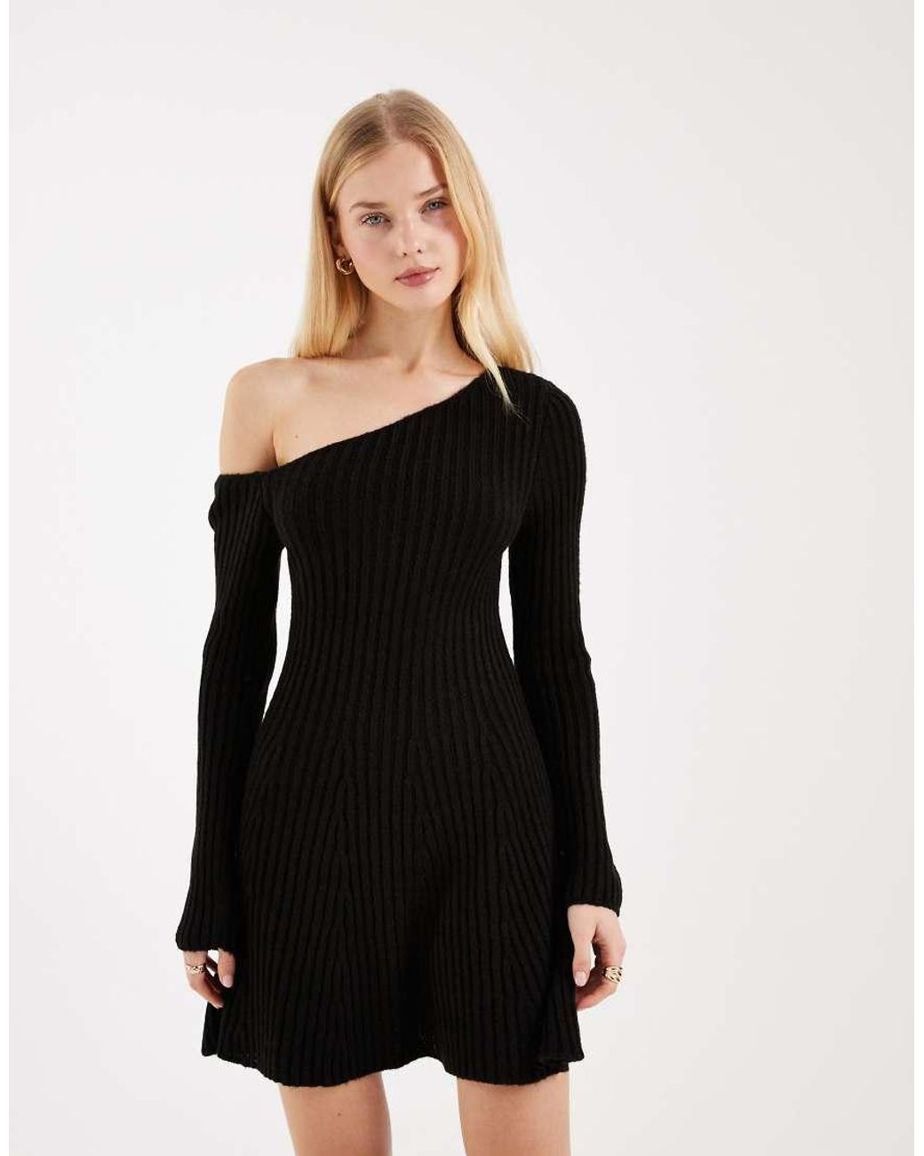 Miss Selfridge Black Knitted Off Shoulder Flippy Mini Dress
