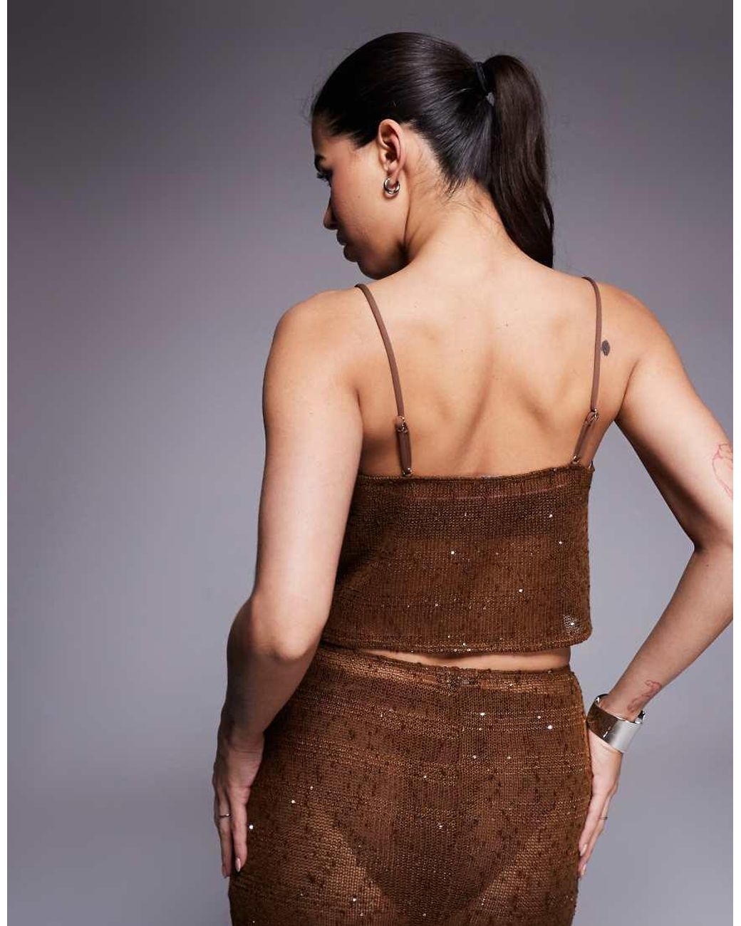 South Beach Brown Knit Sequined Beach Top