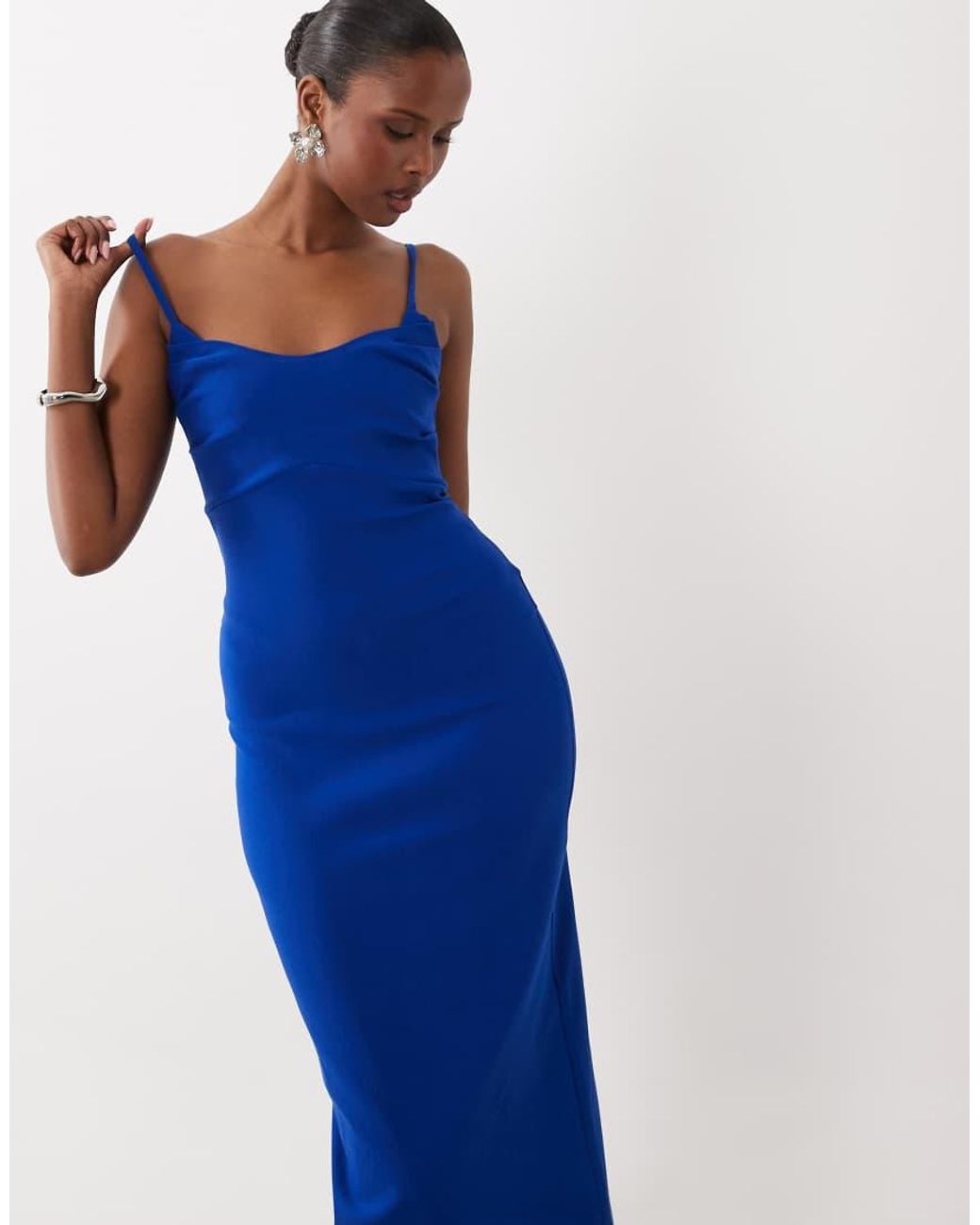Vesper Blue Bengaline Ruched Strappy Cami Maxi Dress