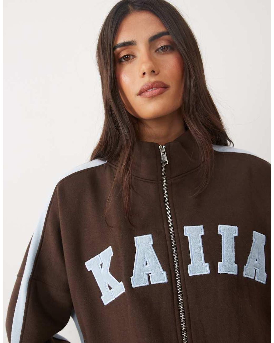 Kaiia Brown Cotton-rich Embroidered Logo Detail Oversized Zip-through High Neck Sweatshirt