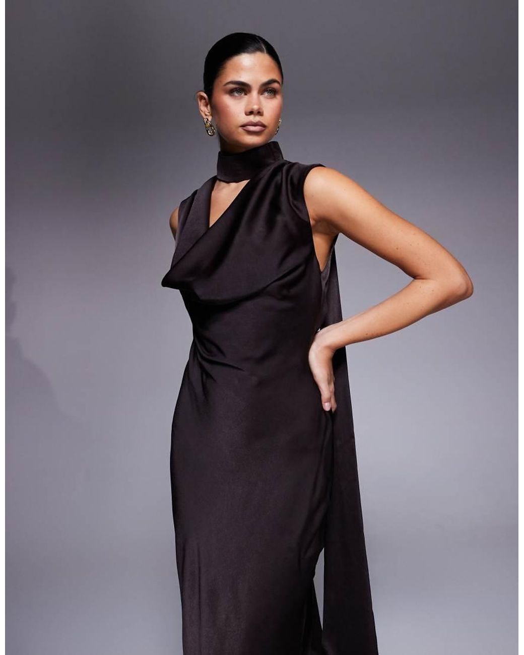 ASOS Blue Satin Cowl Neck Midi Dress With Scarf Neck Ties And Twist Back