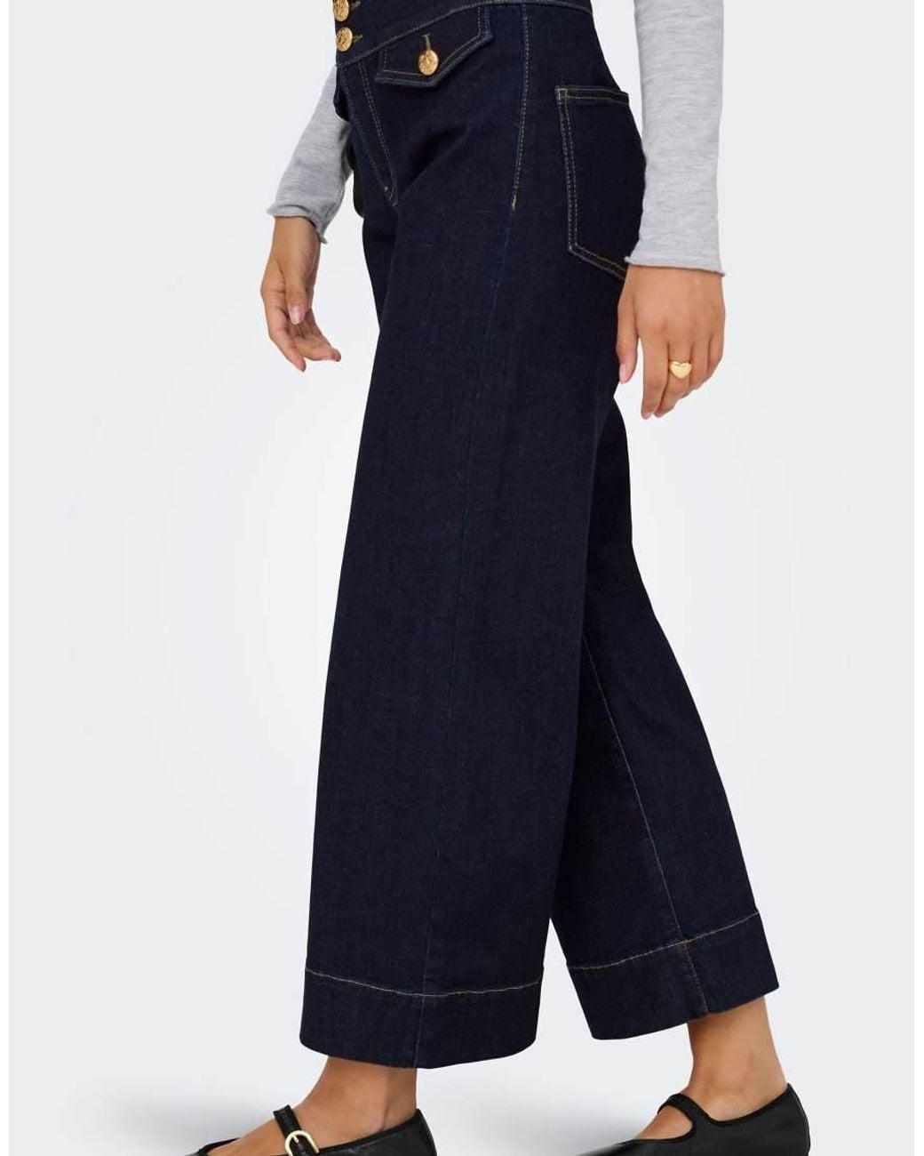 ONLY Blue Emilia High Waisted Cropped Gold-tone Button Jeans
