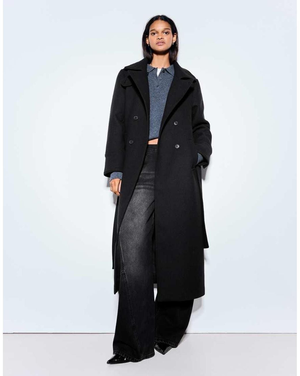 Bershka Blue Buttoned Felt-effect Coat
