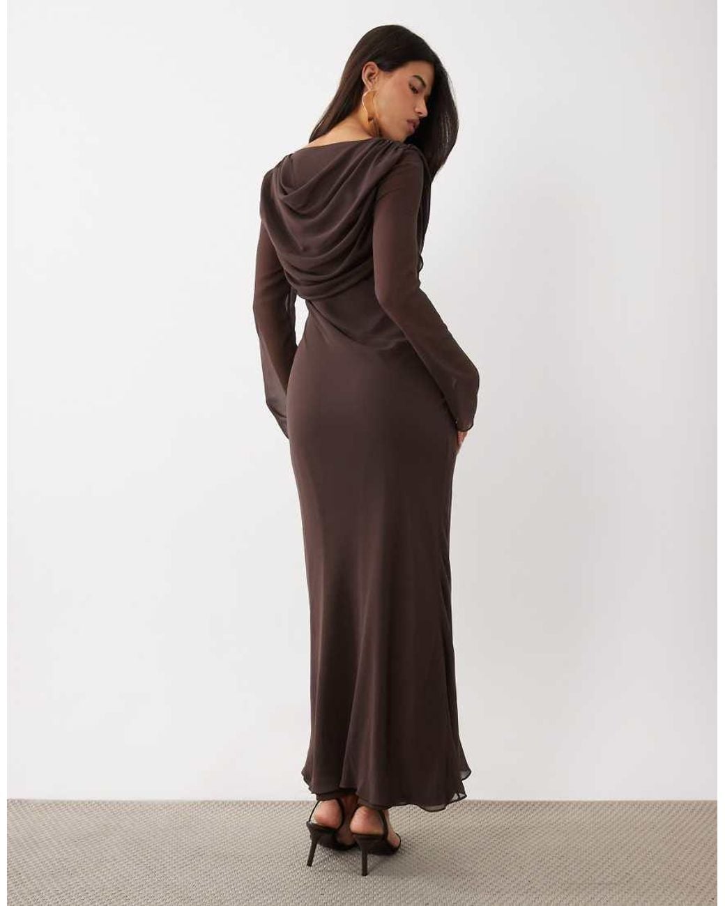 DASKA Brown Chiffon Cowl Neck Maxi Dress With Mesh Detail