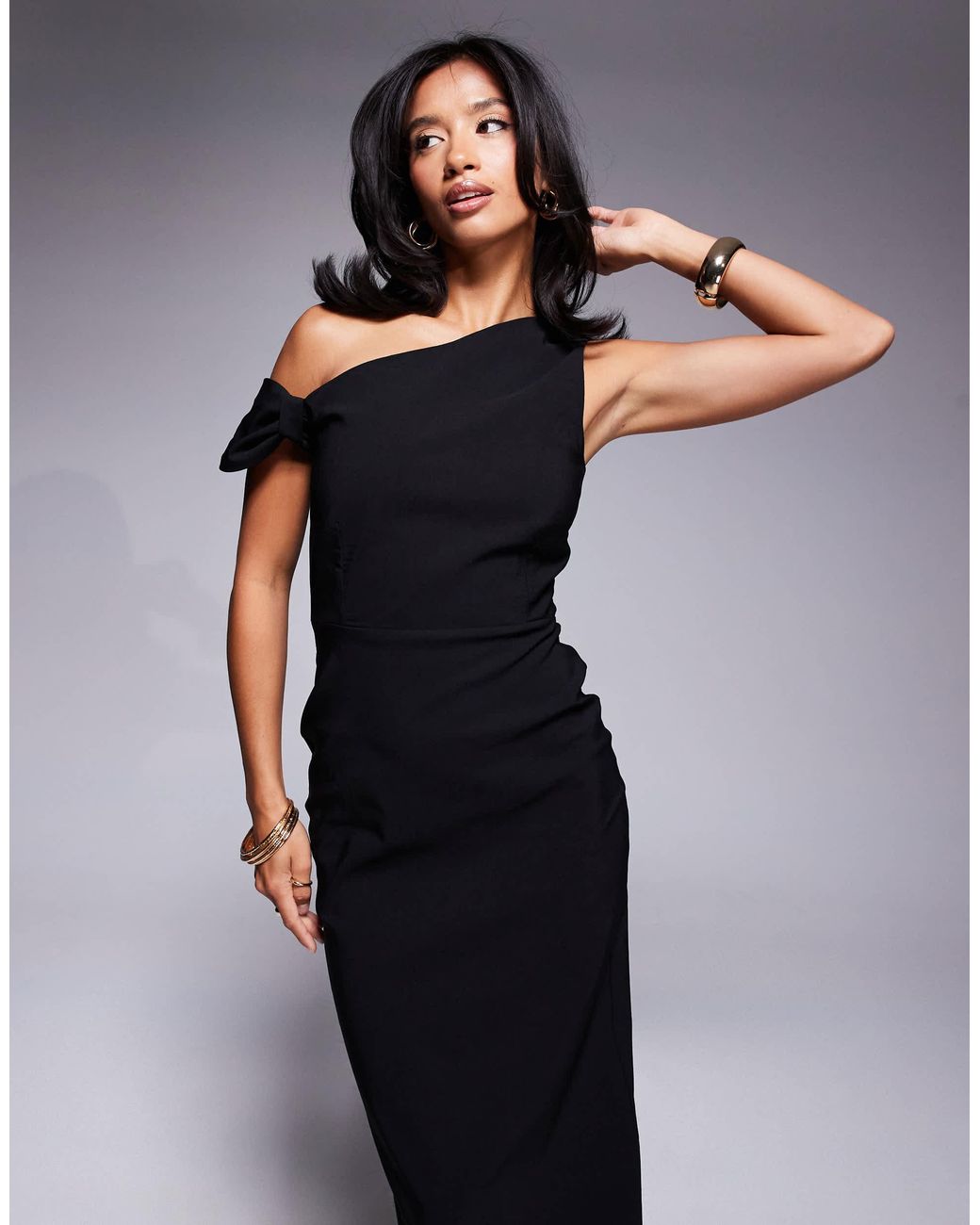 Vesper Petite Blue Bengaline One Shoulder Knot Detail Maxi Bodycon Dress