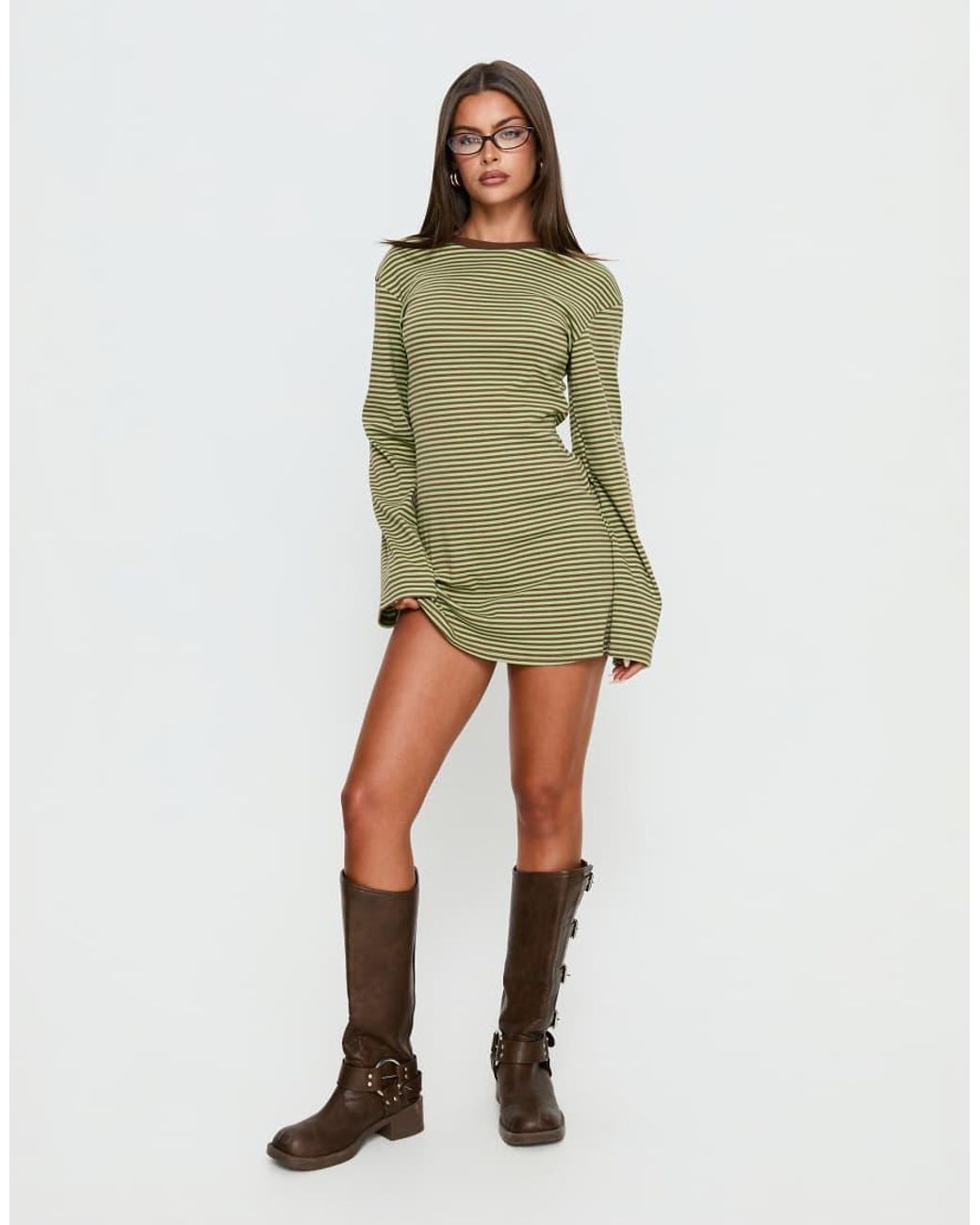 Princess Polly Green Lulolah Cotton Rich Long Sleeve Contrast Trim Mini Dress