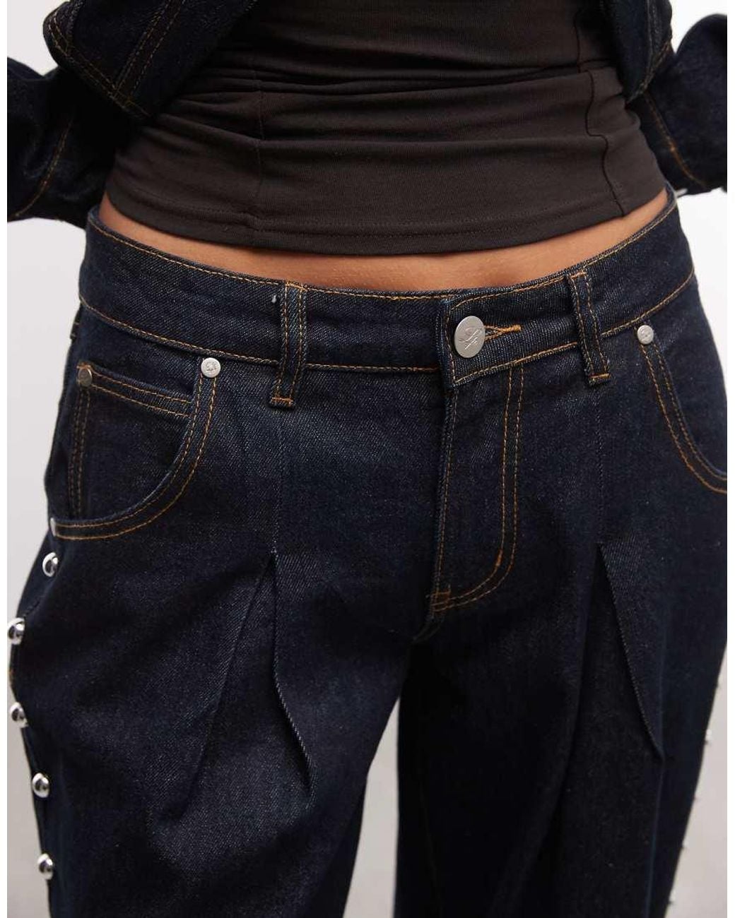 Liquor N Poker Blue Straight Leg Pleat Front Jeans With Oversized Studs Co-ord