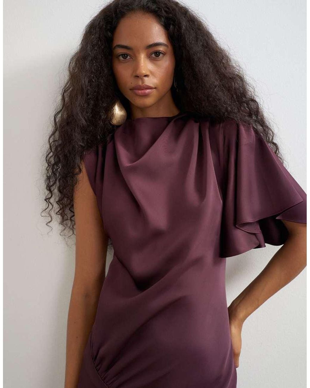 TOPSHOP Red High Neck One Shoulder Flutter Sleeve Maxi Dress