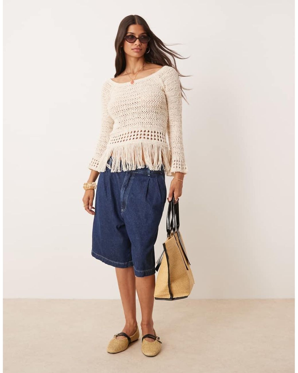 ASOS Natural Crochet Look Off Shoulder Jumper With Fringe Hem