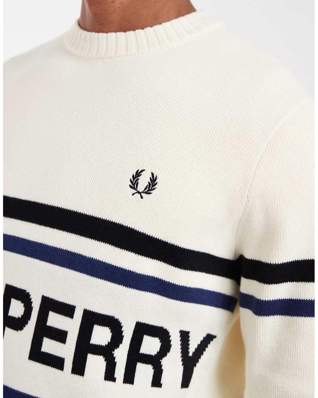 Fred Perry White Stripe Logo Graphic Knit Jumper for men
